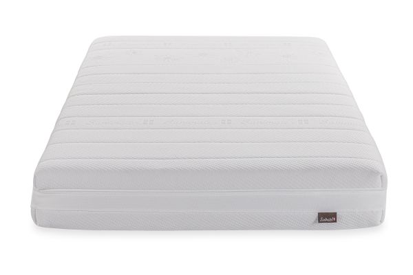 Un matelas Sanimatex avec un design ergonomique, une housse blanche respirante et un soutien orthopédique, idéal pour un sommeil sain et hygiénique.
