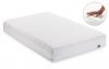 Matelas blanc Sanimatex en mousse à mémoire de forme, avec une main enfoncée dans la surface souple pour illustrer son effet de mémoire et son confort ergonomique.